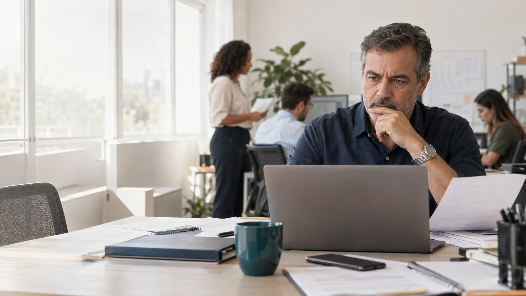 Gestor observa a operação enquanto a equipe trabalha em um escritório claro.